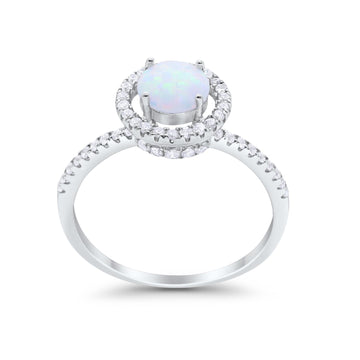 Halo  Engagement Ring Round Created White Opal 925 Sterling Silver